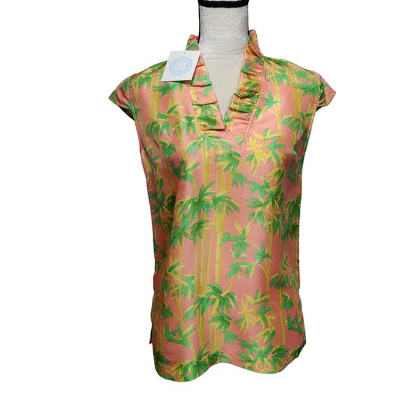 NWT Devon Baer Sz S Pink Tropical Bamboo Silk Cap Sleeve Blouse Ruffle V Neck - Picture 1 of 8